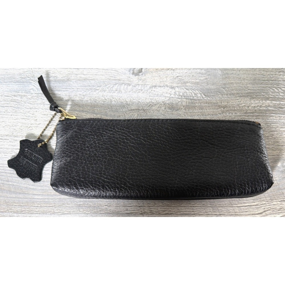 Vintage Black Leather Pencil Case Cosmetic Pouch Bag Zipper Top Closure